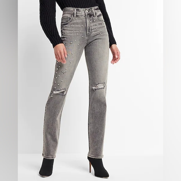 Express Denim - Express Gray Wash High Waisted Pearl Embellishment Straight Jeans